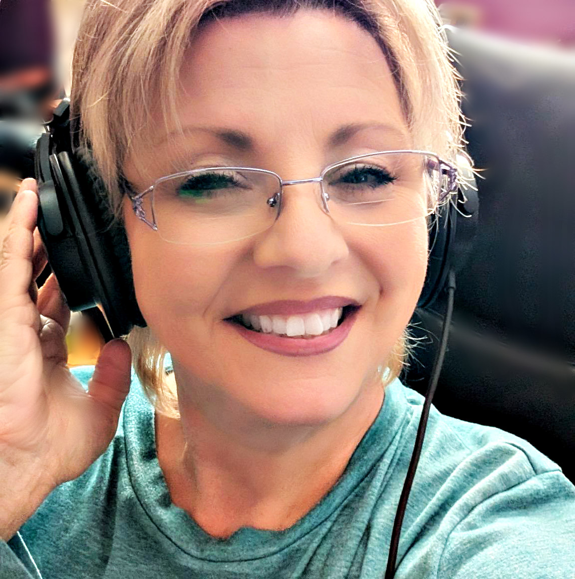 Dawn Stilwell wearing headphones for Soul Medicine
